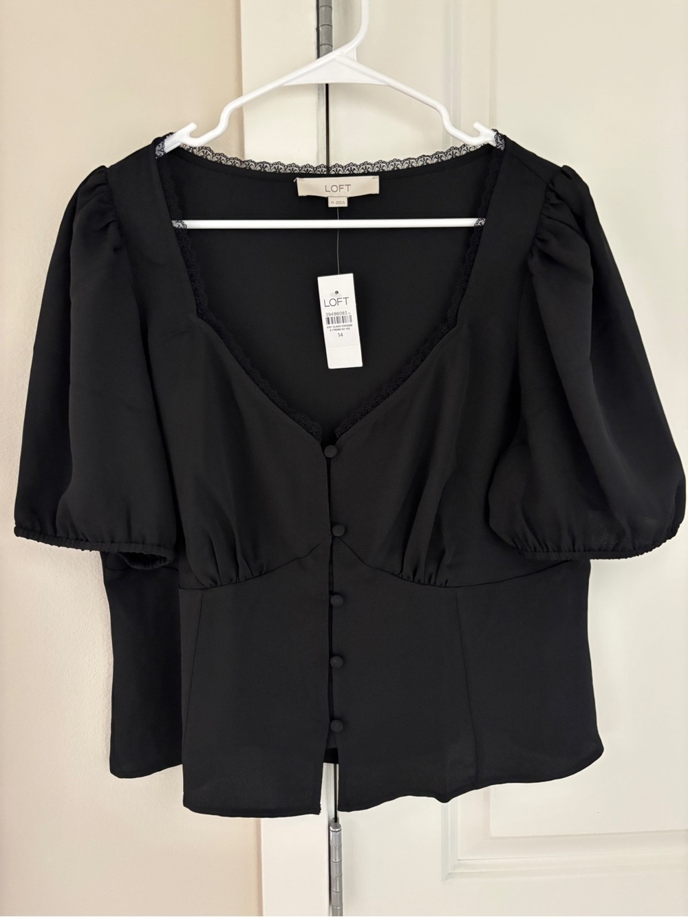 New! Lace Trim Sweetheart Neck Blouse, Black Puff Sleeve Top